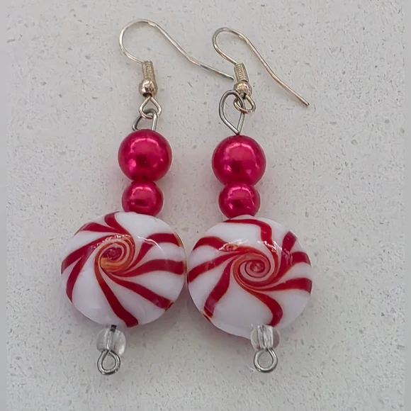 Playful Red and White Swirl Earrings - Picture 2 of 4
